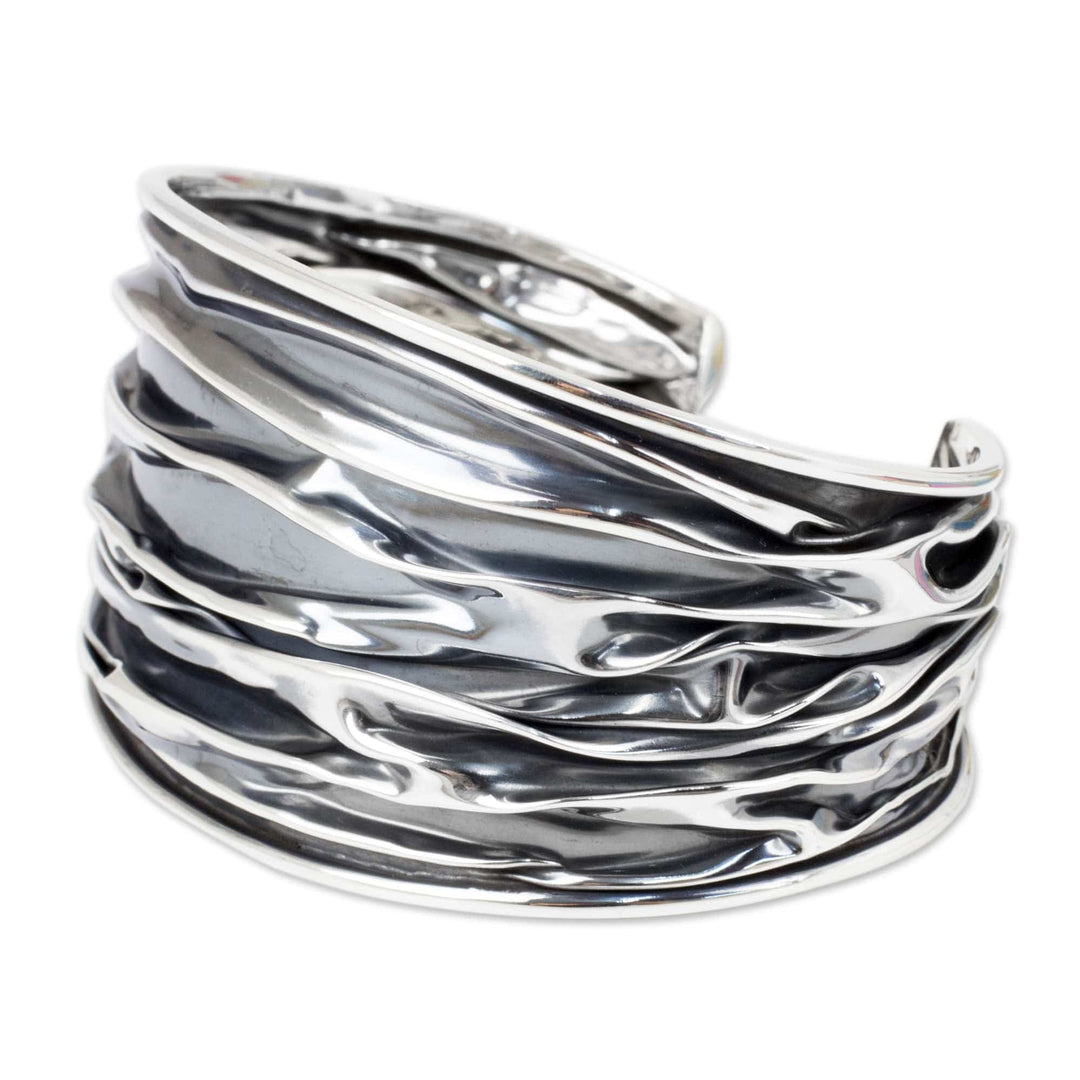 Textured Sterling Silver Cuff Bracelet Crafted by Hand - Wide River