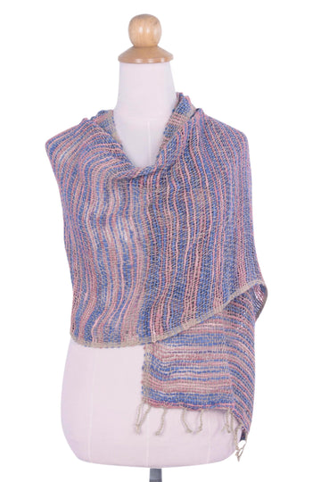 Blue Pink and Brown Hand Woven Cotton Shawl Wrap - Breeze of Blue Pink