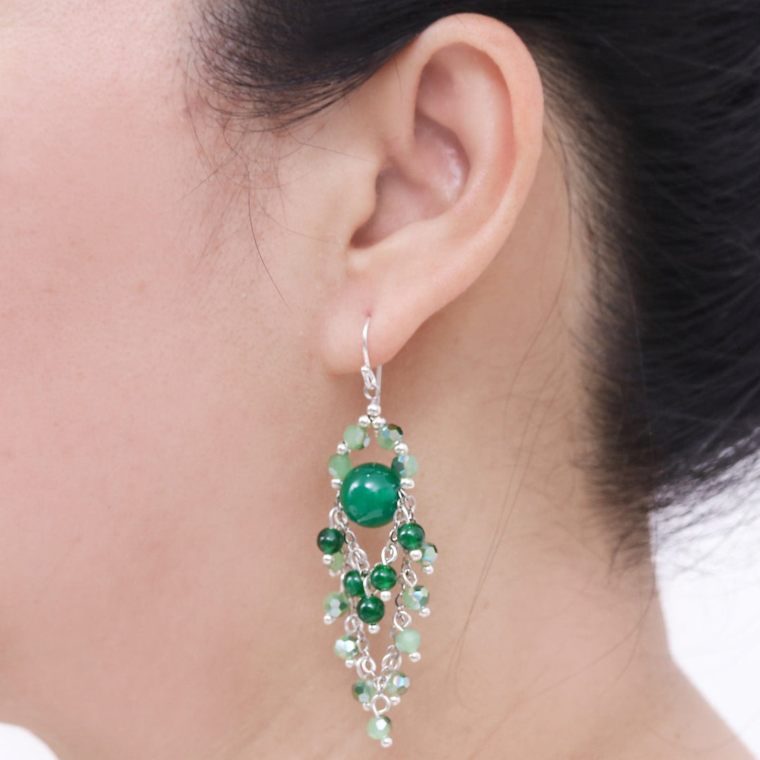 Green Quartz and Glass Bead Chandelier Style Earrings - Brilliant Meteor