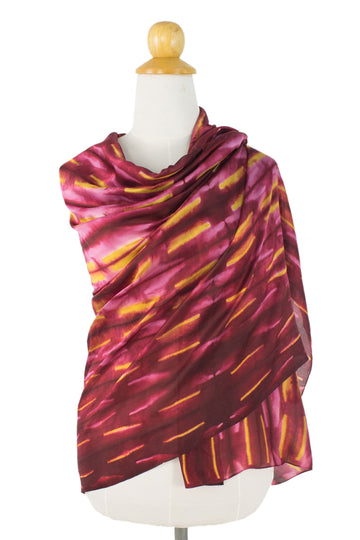 Hand Woven Red Pink and Yellow Tie Dyed Silk Shawl - Mekong River