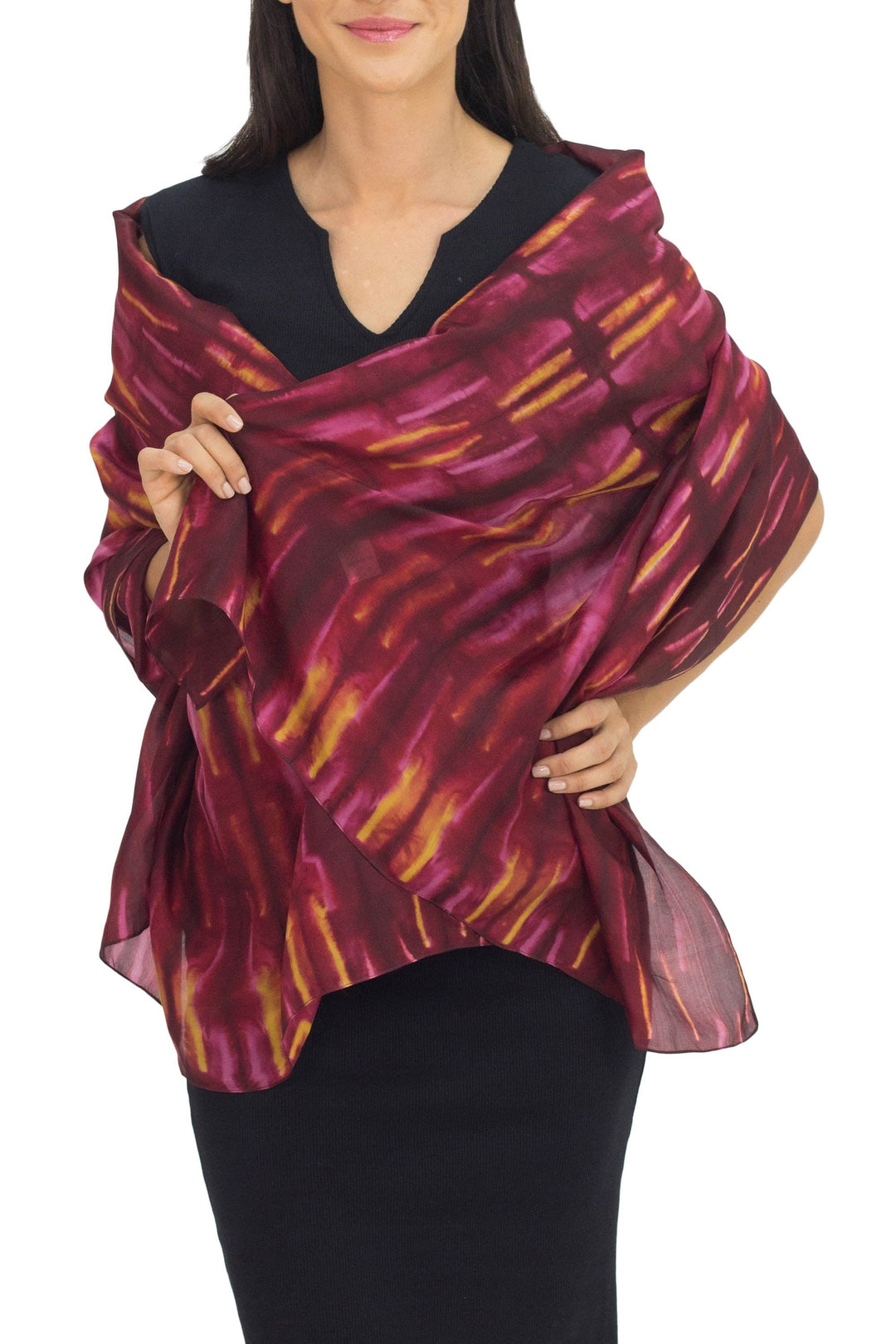 Hand Woven Red Pink and Yellow Tie Dyed Silk Shawl - Mekong River