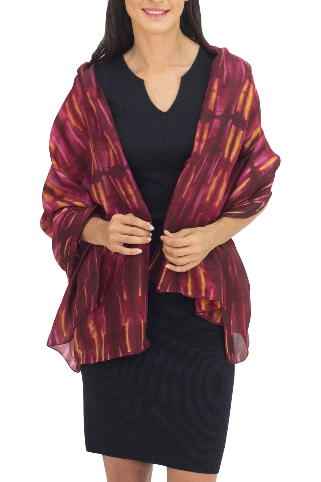 Hand Woven Red Pink and Yellow Tie Dyed Silk Shawl - Mekong River