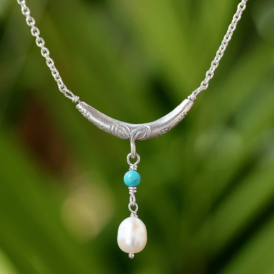 Cultured Pearl and Calcite Pendant Necklace - Moon and Starlight