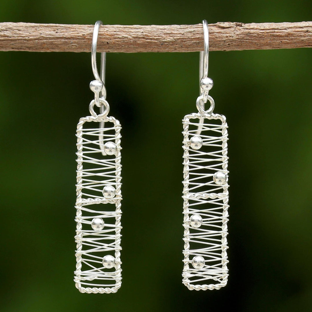 Sterling Silver Rectangular Wire Dangle Earrings - Chiang Mai River