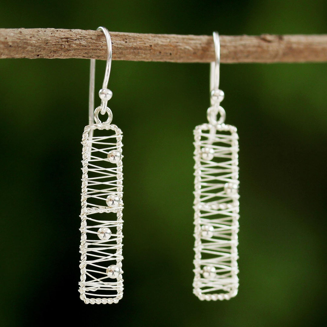Sterling Silver Rectangular Wire Dangle Earrings - Chiang Mai River
