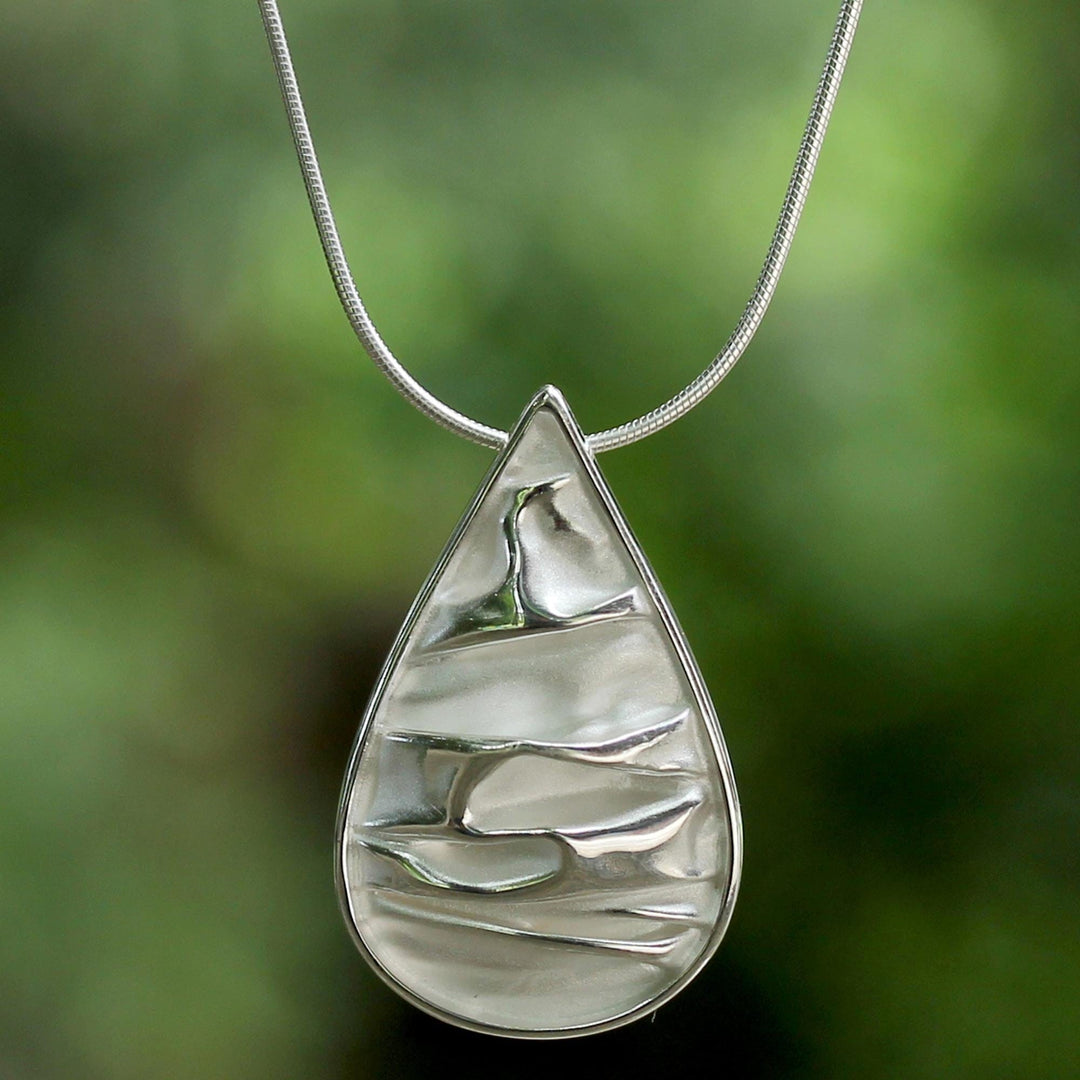 Sterling Silver Modern Teardrop Pendant Necklace - Crinkled Drop