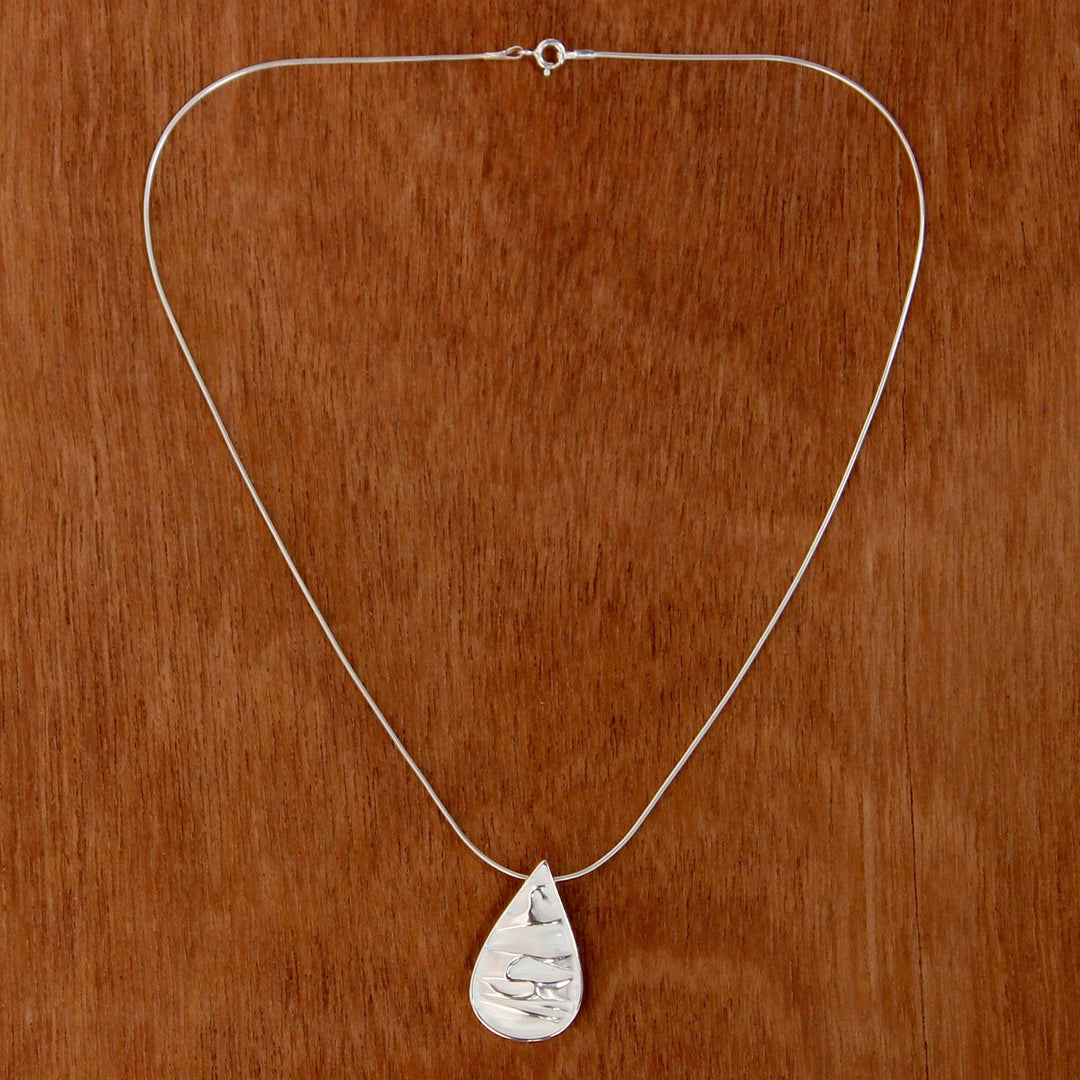 Sterling Silver Modern Teardrop Pendant Necklace - Crinkled Drop