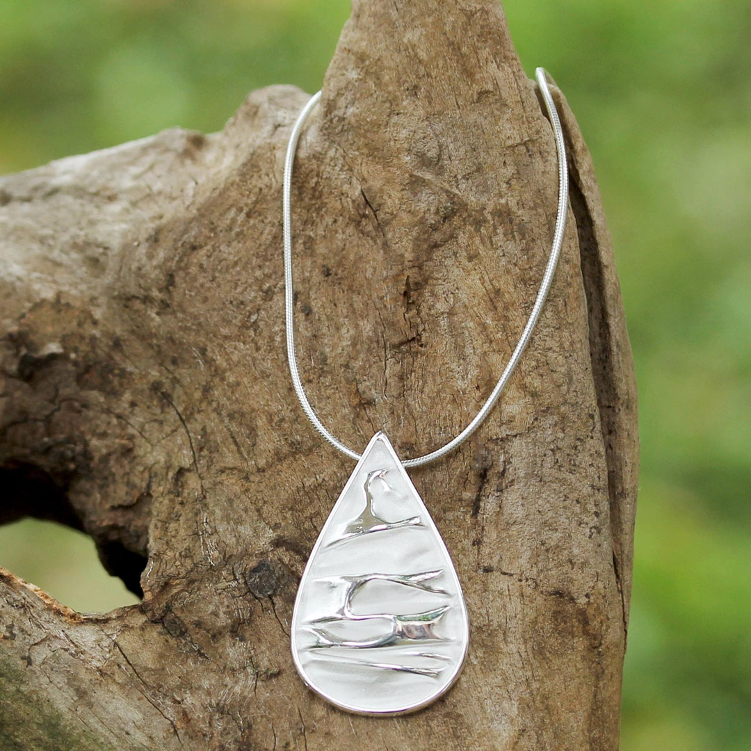 Sterling Silver Modern Teardrop Pendant Necklace - Crinkled Drop
