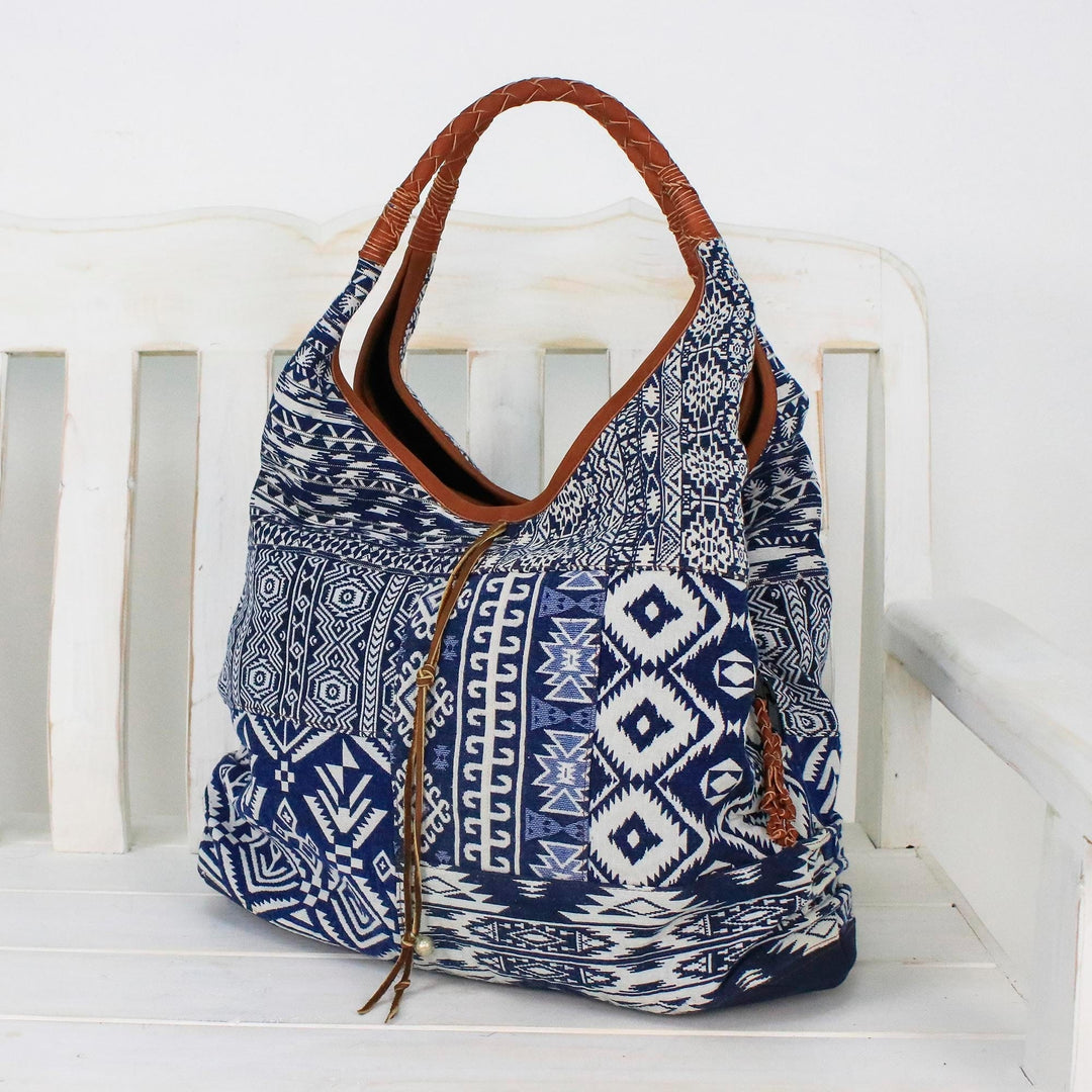 Leather Accent Cotton Blend Hobo Bag in Lapis and White - Lapis Geometry