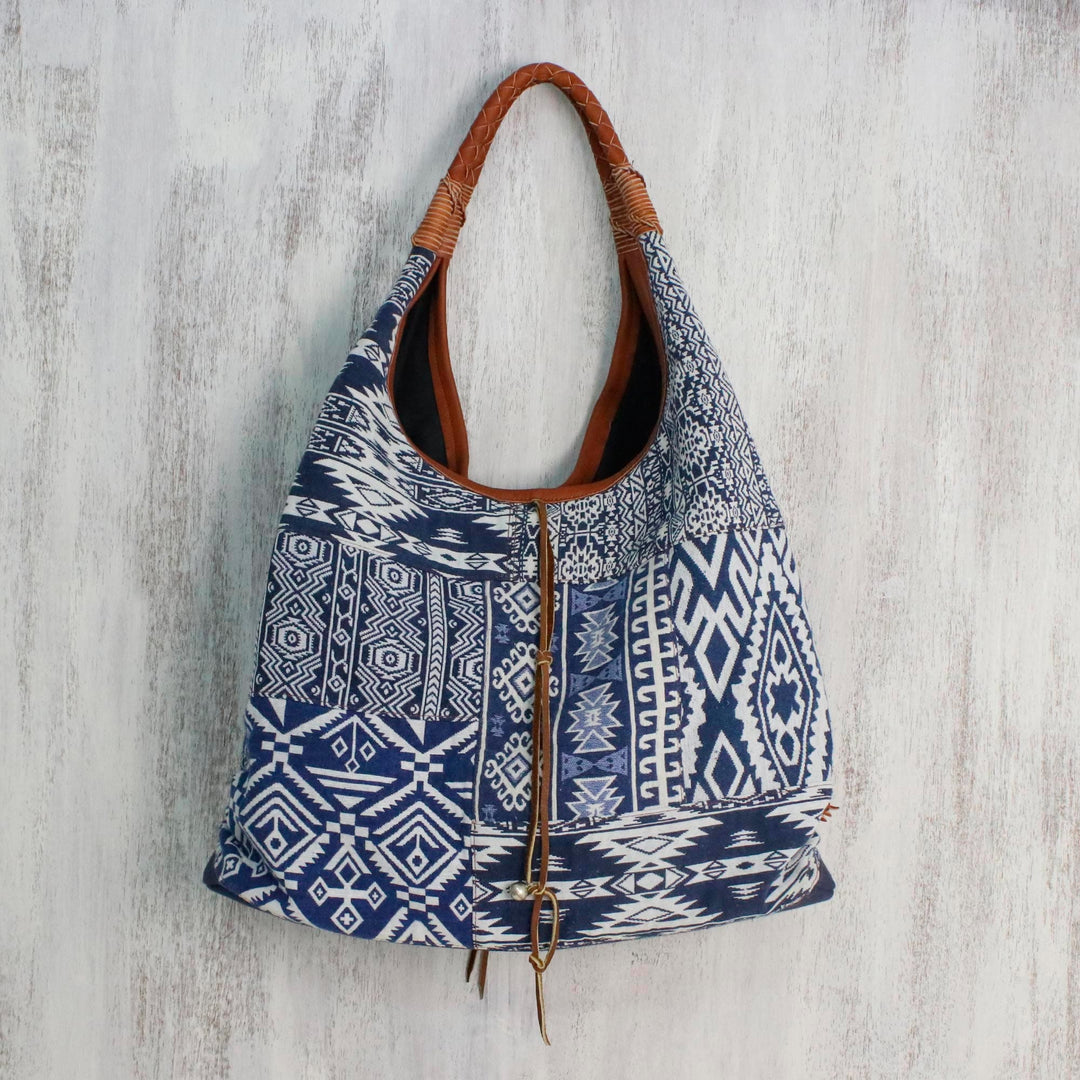 Leather Accent Cotton Blend Hobo Bag in Lapis and White - Lapis Geometry