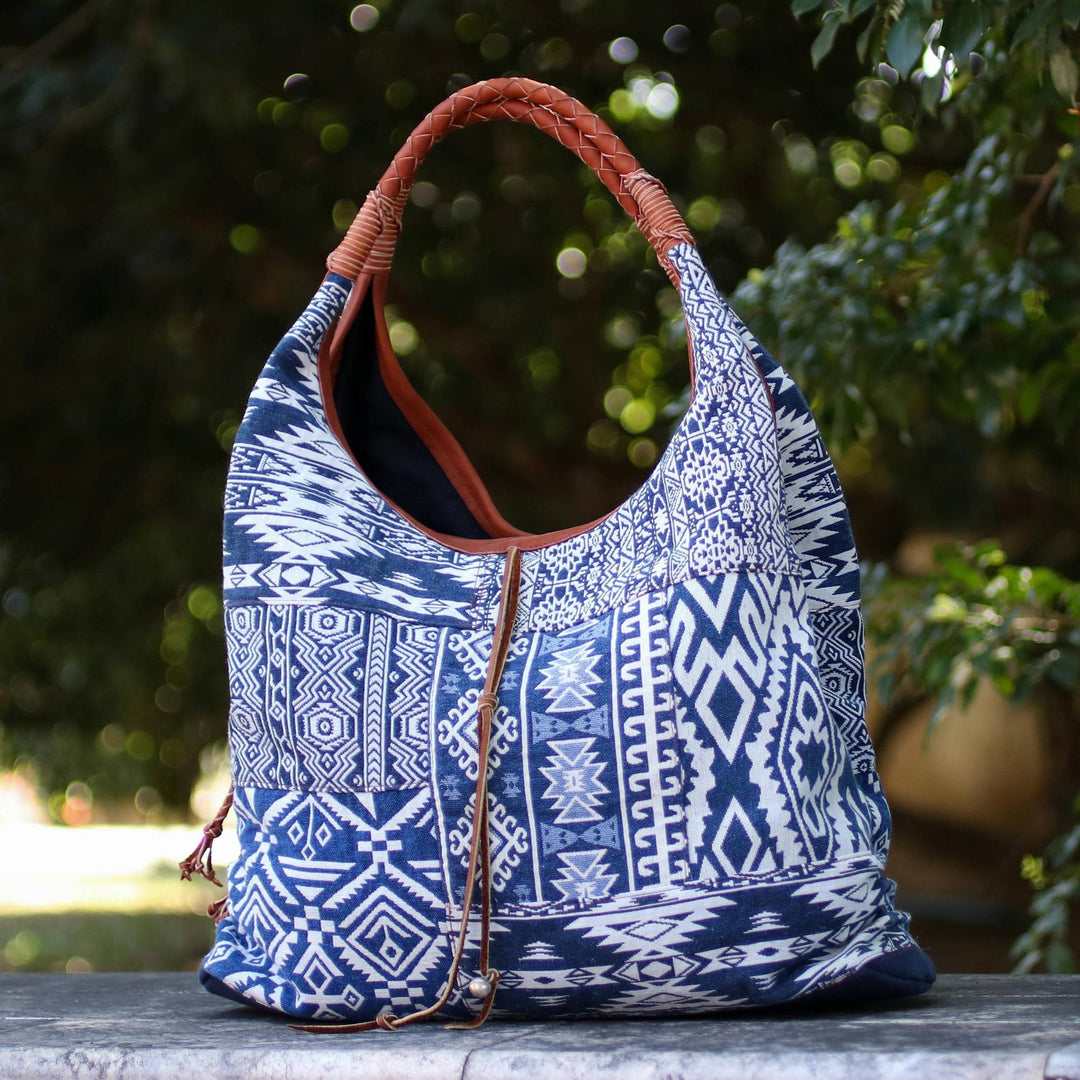Leather Accent Cotton Blend Hobo Bag in Lapis and White - Lapis Geometry