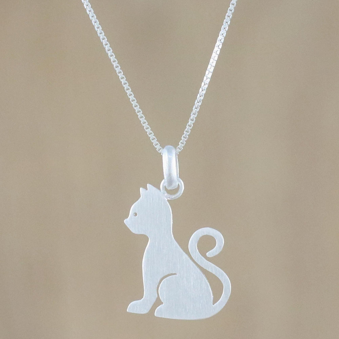 Brushed Sterling Silver Cat Pendant Necklace - Waiting for Love