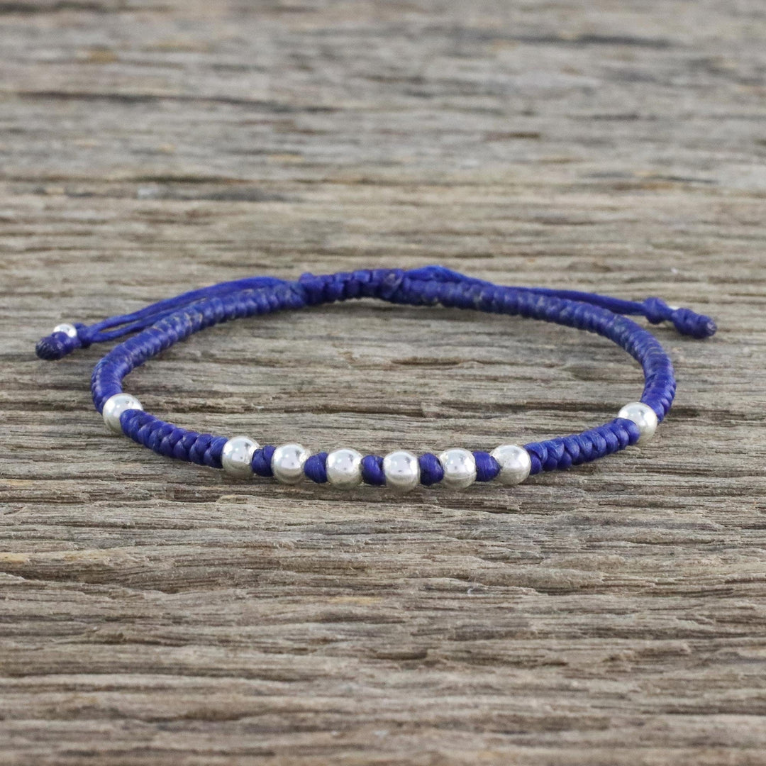 Ultramarine Cord Bracelet with 950 Silver Beads - Hill Tribe Ultramarine
