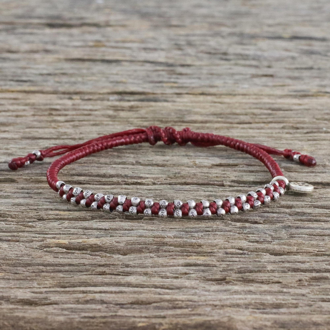 Hand Crafted Cord Bracelet in Red with 950 Silver - Bohemian Life in Crimson