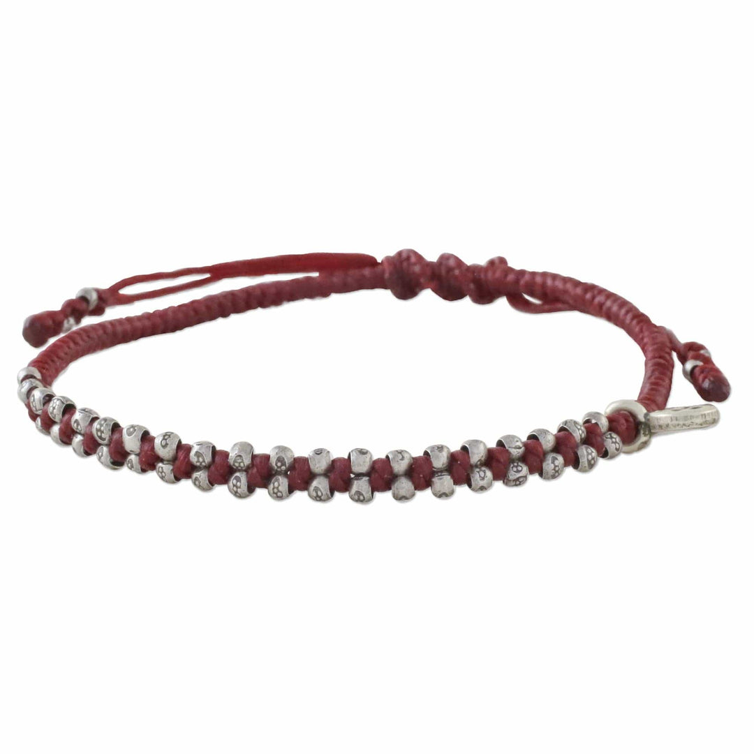 Hand Crafted Cord Bracelet in Red with 950 Silver - Bohemian Life in Crimson