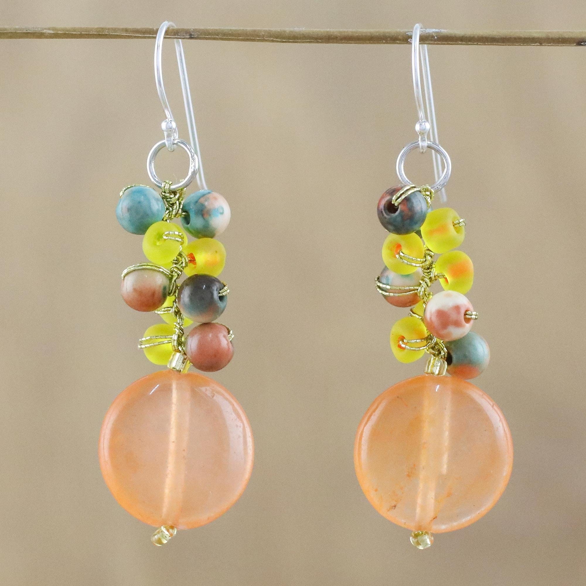 Orange Quartz and Glass Bead Dangle Earrings - Fun Circles