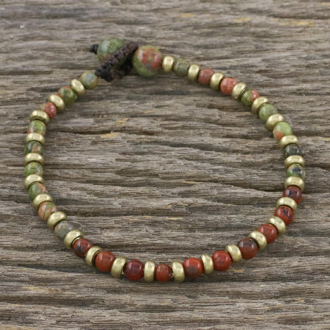 Unakite Red Jasper Brass Beaded Adjustable Bracelet - Mystic Field