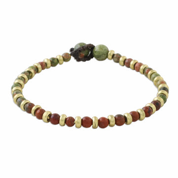 Unakite Red Jasper Brass Beaded Adjustable Bracelet - Mystic Field