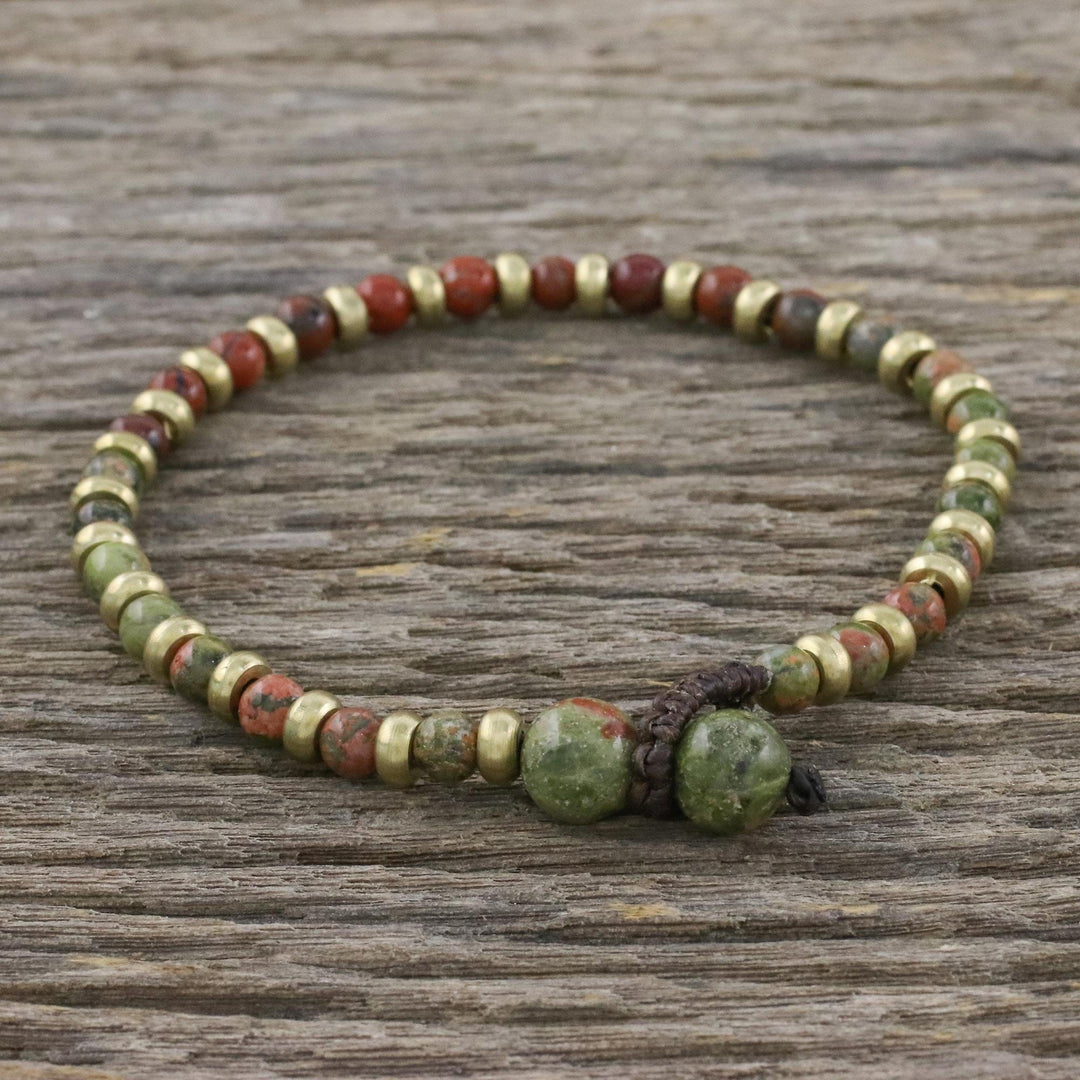 Unakite Red Jasper Brass Beaded Adjustable Bracelet - Mystic Field