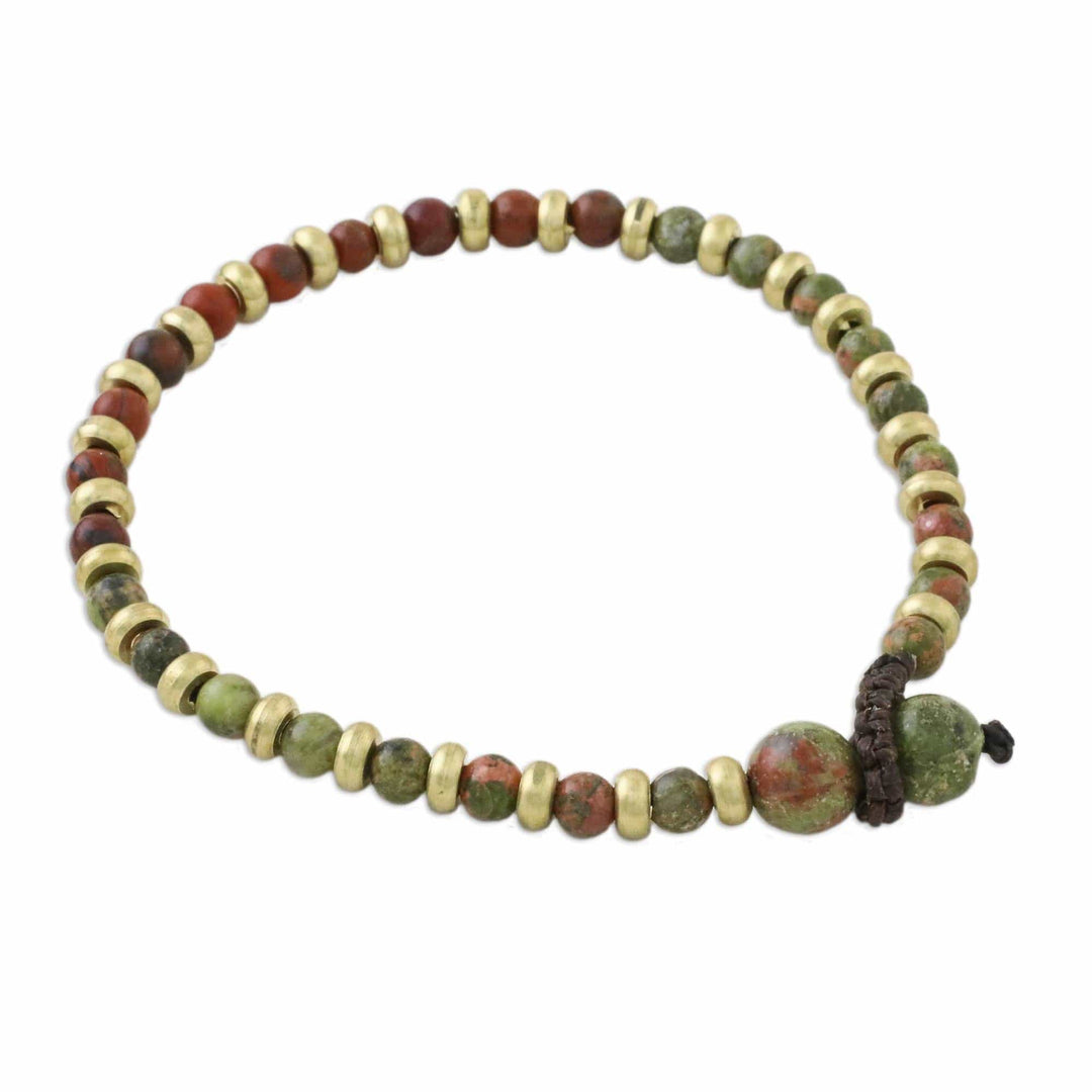 Unakite Red Jasper Brass Beaded Adjustable Bracelet - Mystic Field