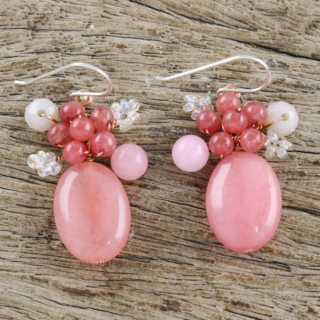 Handmade Pink Quartz Beaded Dangle Earrings from Thailand - Blossom Blush