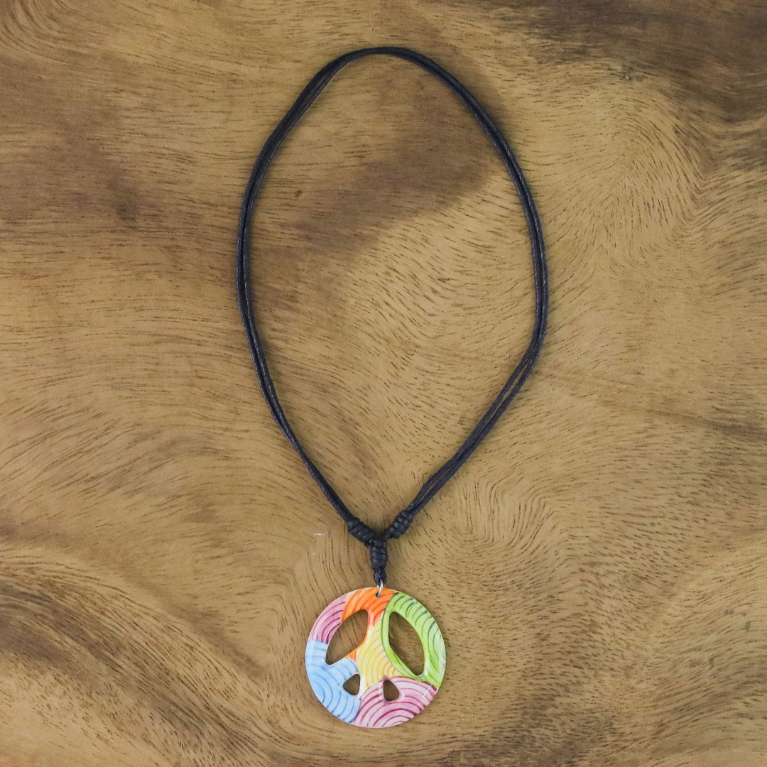 Thai Handcrafted Ceramic Peace Sign Pendant Necklace - Colorful Peace
