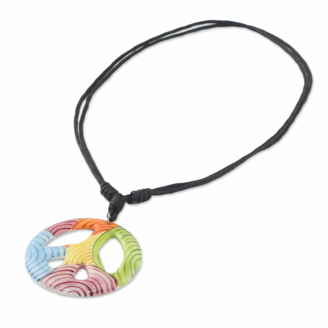 Thai Handcrafted Ceramic Peace Sign Pendant Necklace - Colorful Peace