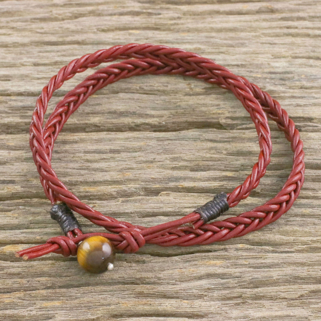 Men's Tiger's Eye and Mahogany Braided Leather Wrap Bracelet - Rustic Style