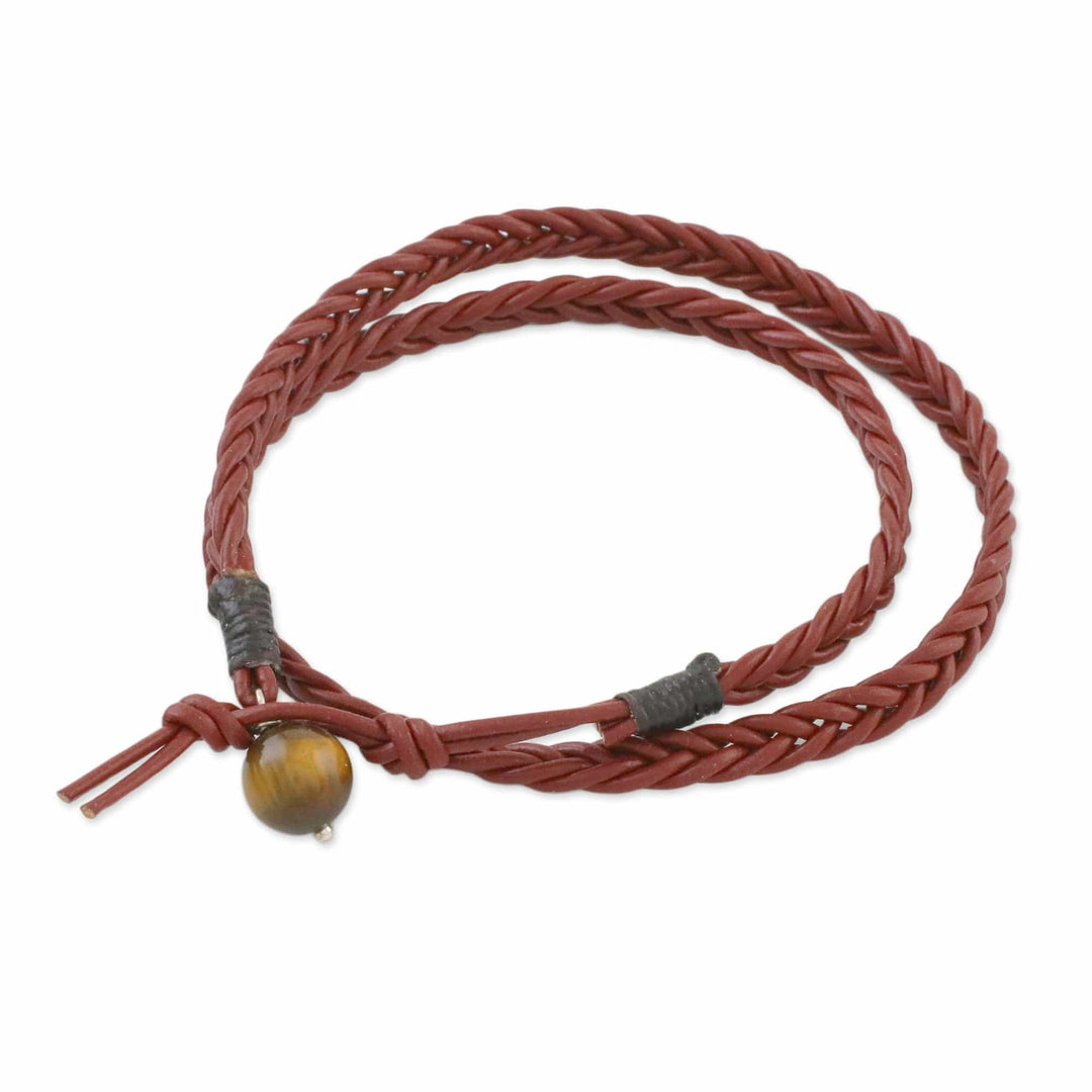 Men's Tiger's Eye and Mahogany Braided Leather Wrap Bracelet - Rustic Style