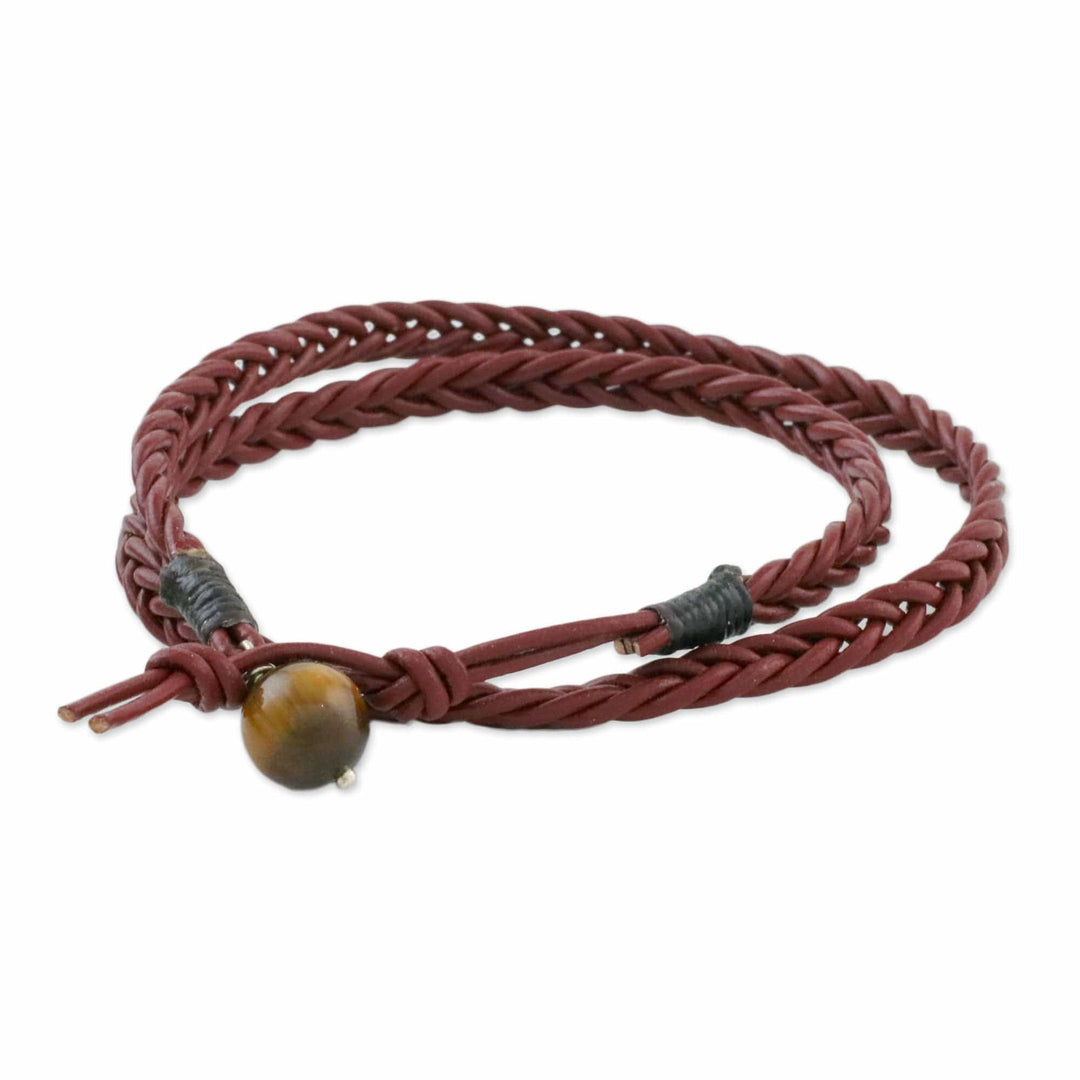 Men's Tiger's Eye and Mahogany Braided Leather Wrap Bracelet - Rustic Style