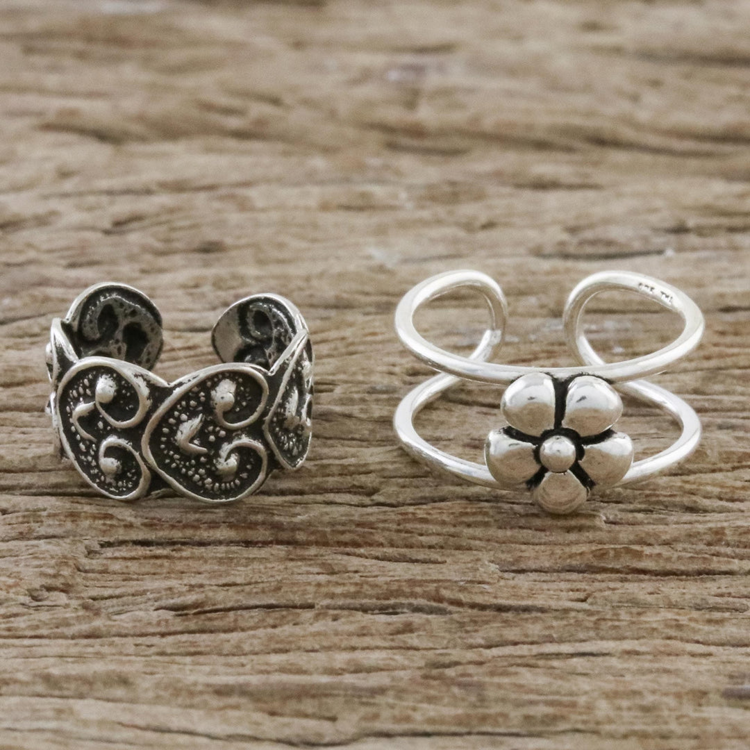 Floral and Heart Motif Sterling Silver Ear Cuffs - Flower Love