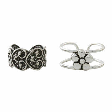 Floral and Heart Motif Sterling Silver Ear Cuffs - Flower Love