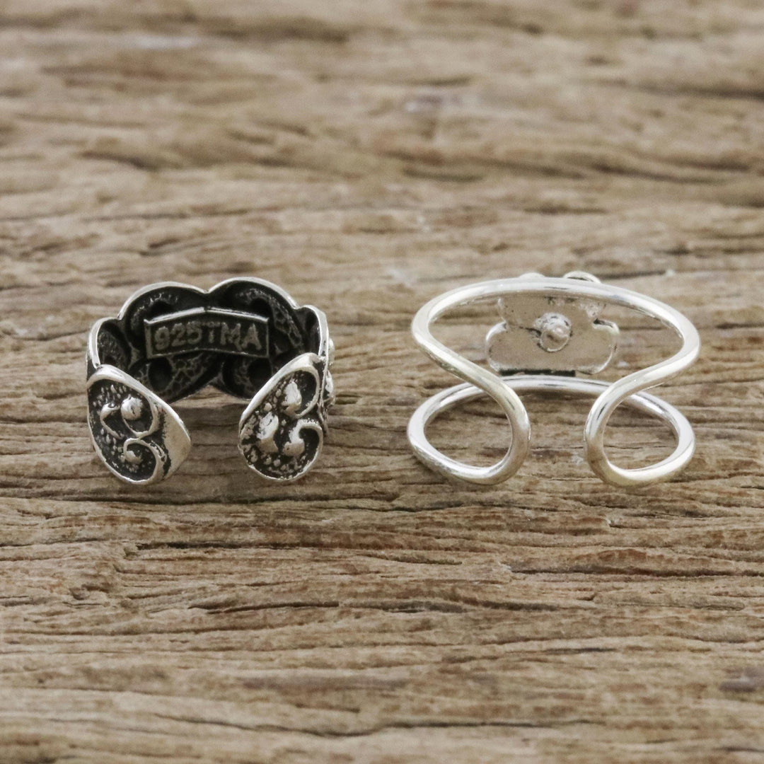 Floral and Heart Motif Sterling Silver Ear Cuffs - Flower Love