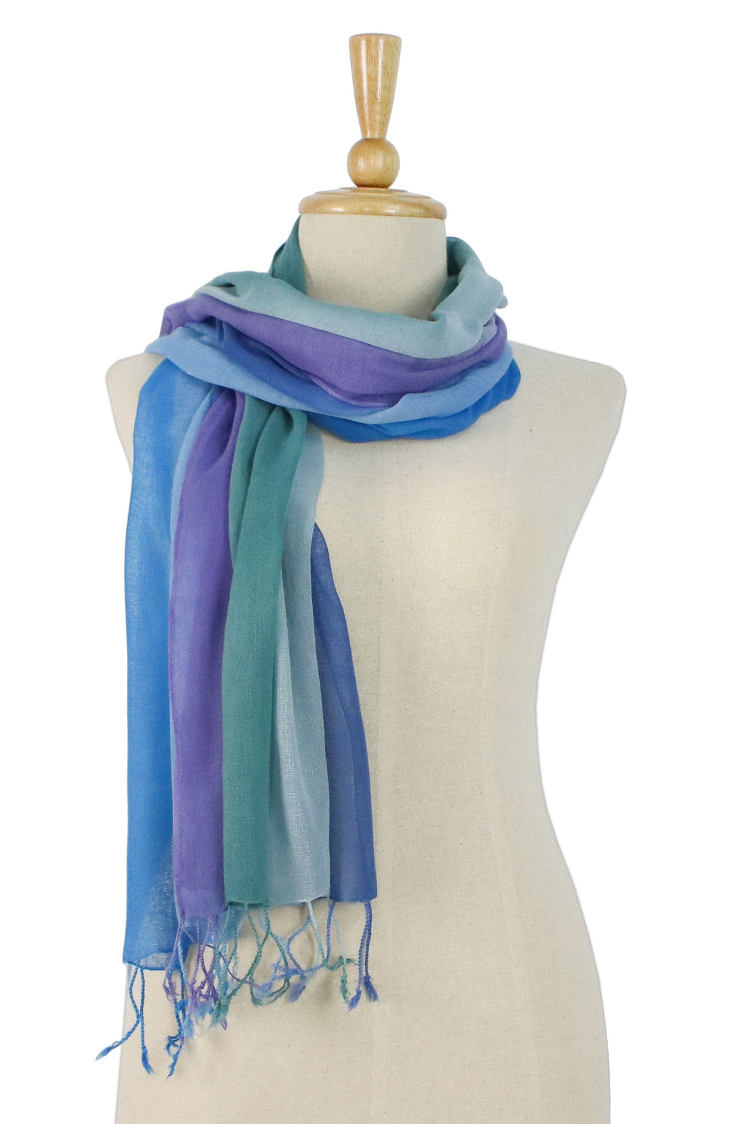Handwoven Cotton Scarves in Cool Tones from Thailand (Pair) - Summer Morning