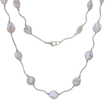 Rhodium Plated Cultured Pearl Link Necklace - Shining World