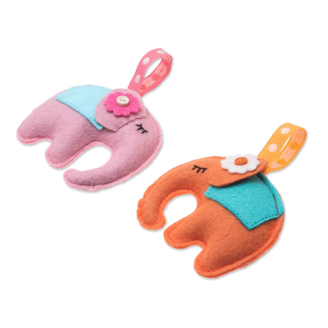 Felt Elephant Ornaments in Orange and Pink - Set of 2 - Napping Elephants