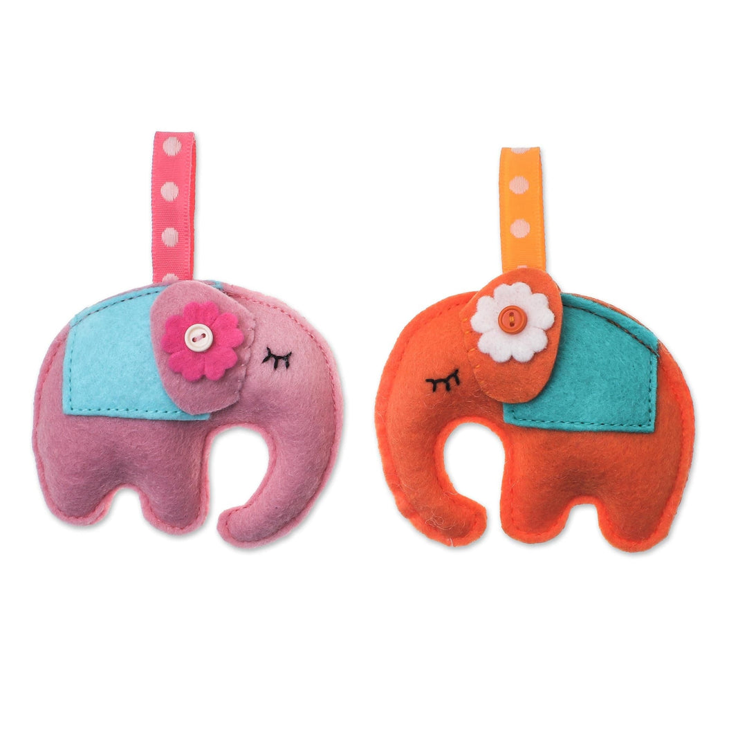 Felt Elephant Ornaments in Orange and Pink - Set of 2 - Napping Elephants