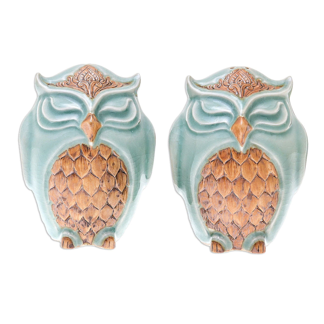 Celadon Ceramic Owl Salt and Pepper Shakers (Pair) - Calm Owls in Green