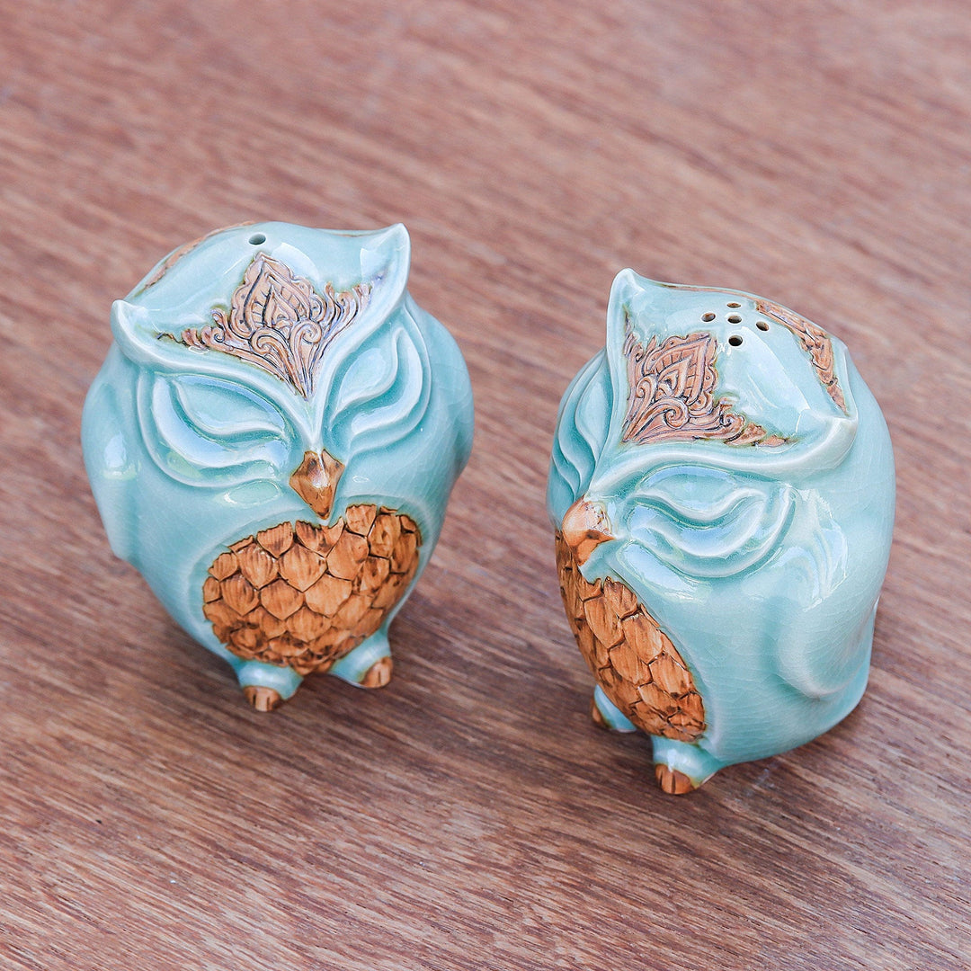 Celadon Ceramic Owl Salt and Pepper Shakers (Pair) - Calm Owls in Green