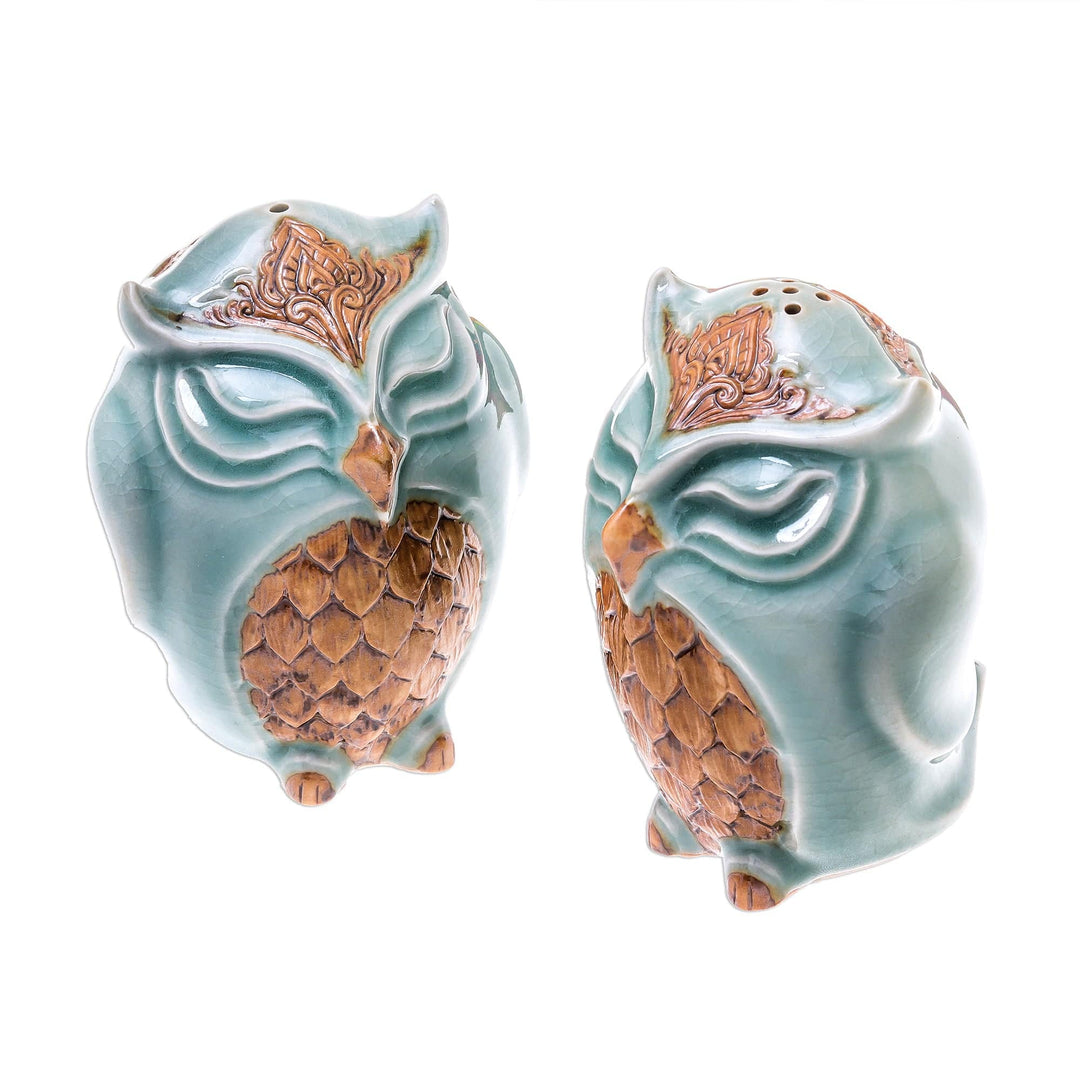 Celadon Ceramic Owl Salt and Pepper Shakers (Pair) - Calm Owls in Green