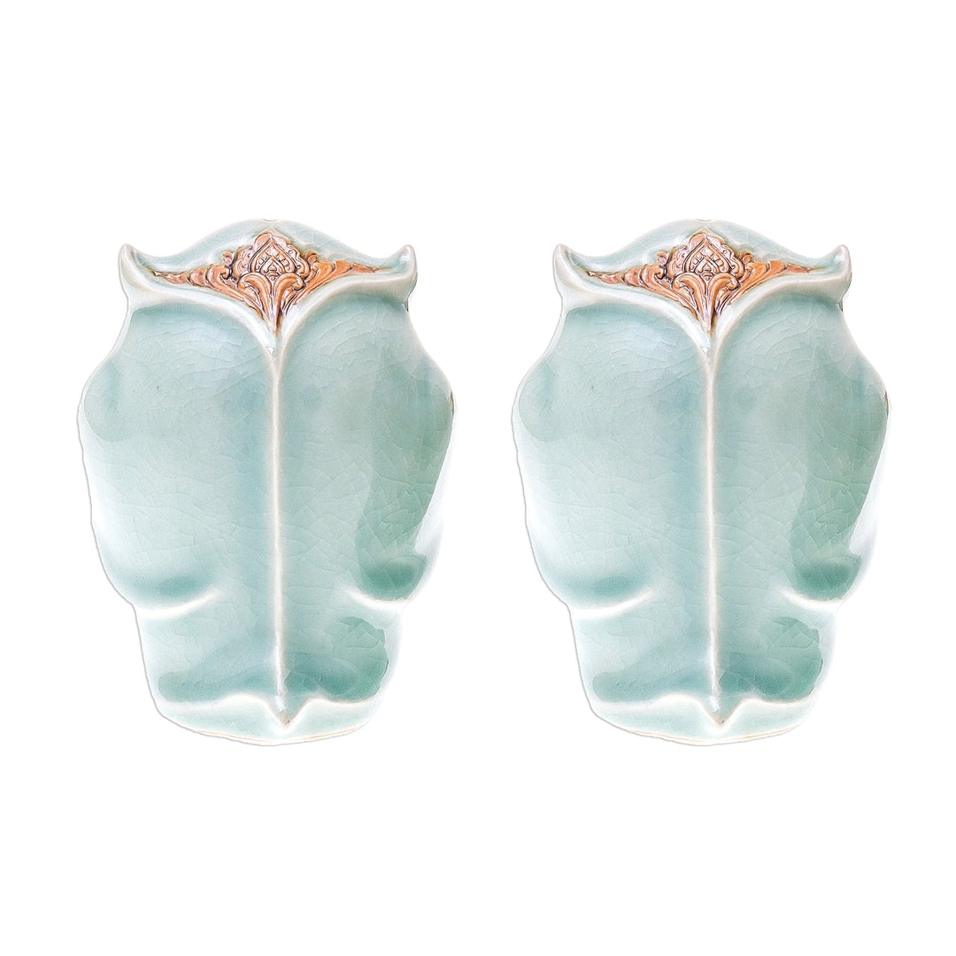 Celadon Ceramic Owl Salt and Pepper Shakers (Pair) - Calm Owls in Green