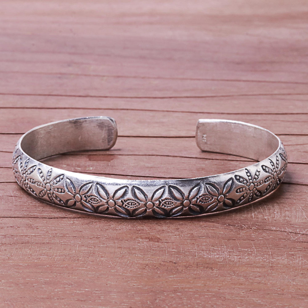 Handcrafted Karen Silver Fish and Flower Motif Cuff Bracelet - Seaside Trail