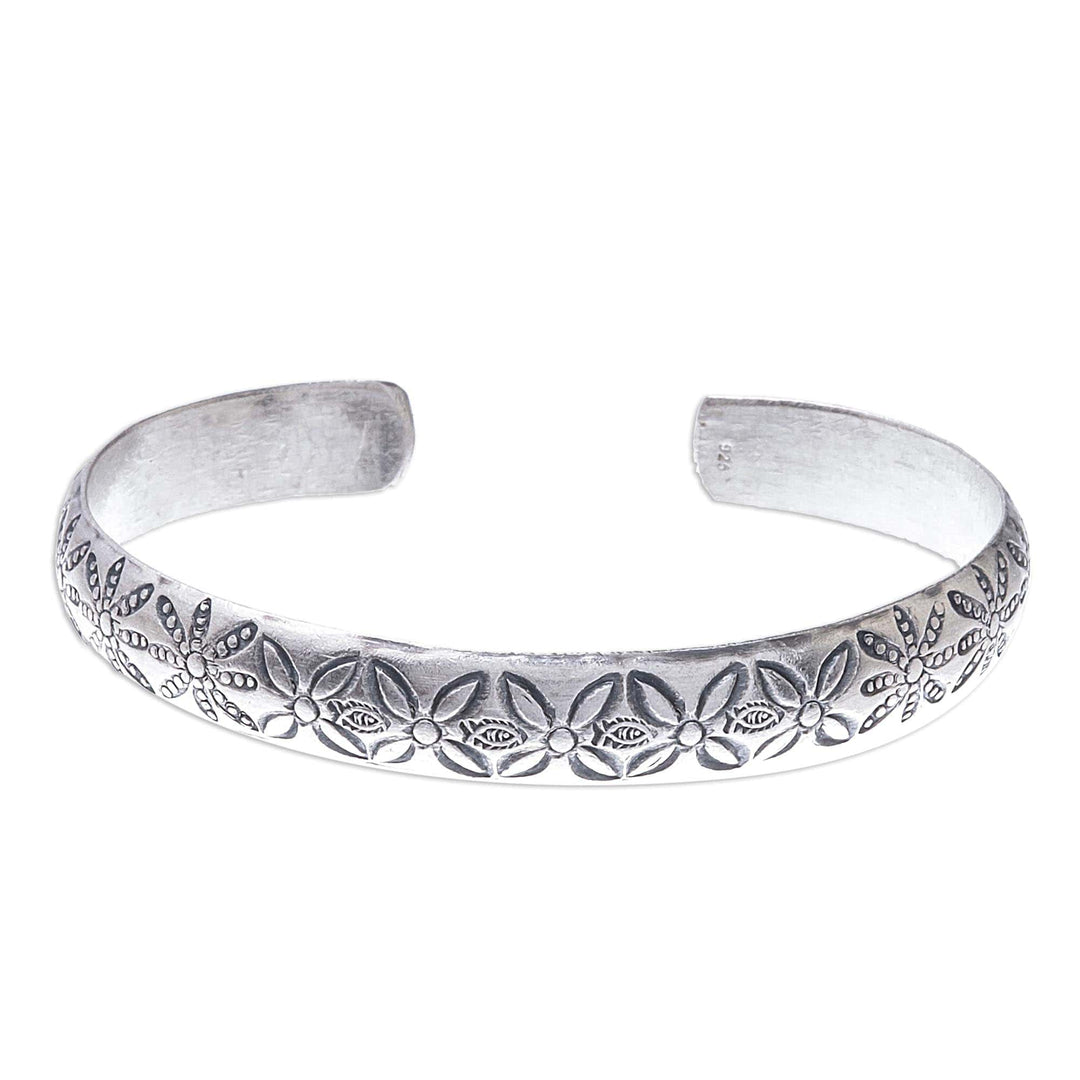 Handcrafted Karen Silver Fish and Flower Motif Cuff Bracelet - Seaside Trail