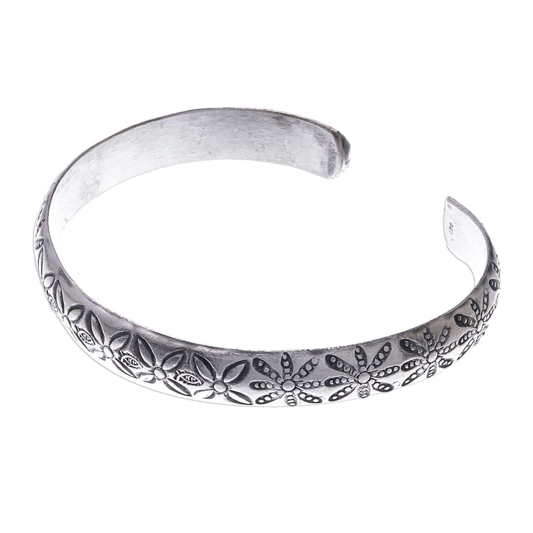 Handcrafted Karen Silver Fish and Flower Motif Cuff Bracelet - Seaside Trail