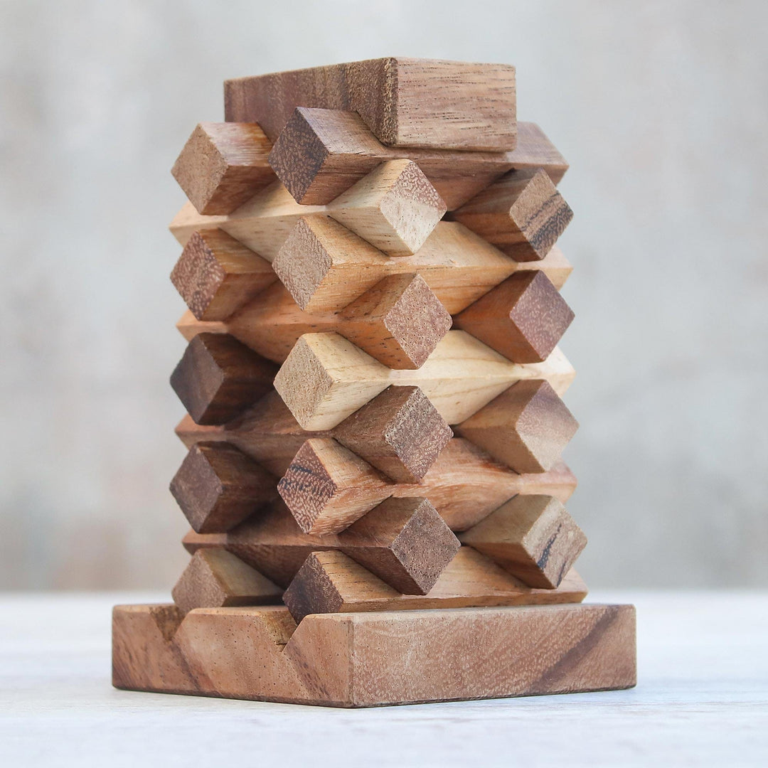 18-Piece Raintree Wood Tower Puzzle from Thailand - Tower of Pisa
