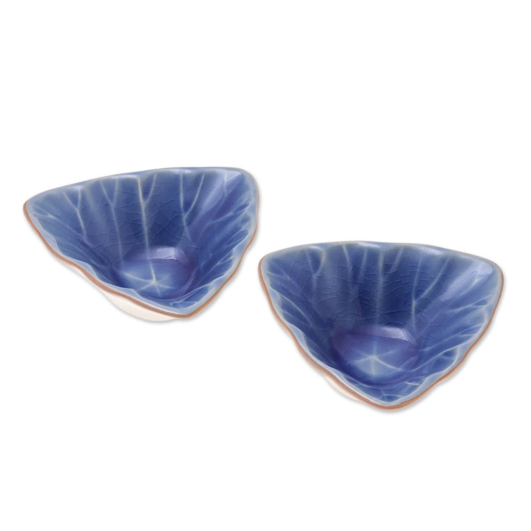 Handcrafted Triangular Blue Ceramic Condiment Servers (Pair) - Luxe Leaves in Blue