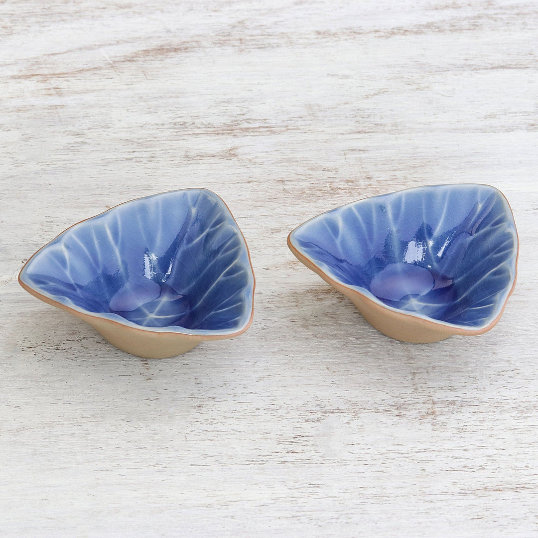 Handcrafted Triangular Blue Ceramic Condiment Servers (Pair) - Luxe Leaves in Blue
