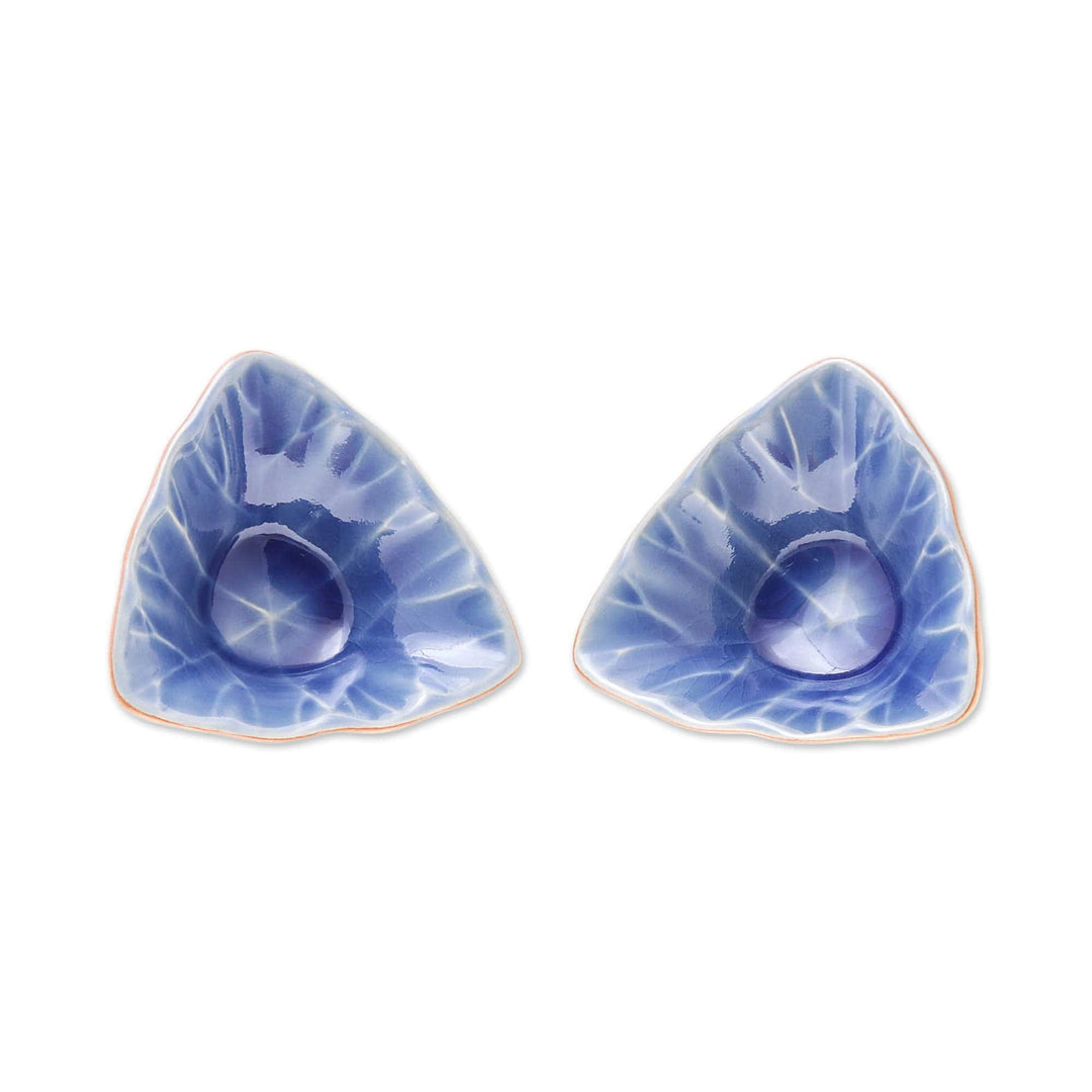 Handcrafted Triangular Blue Ceramic Condiment Servers (Pair) - Luxe Leaves in Blue