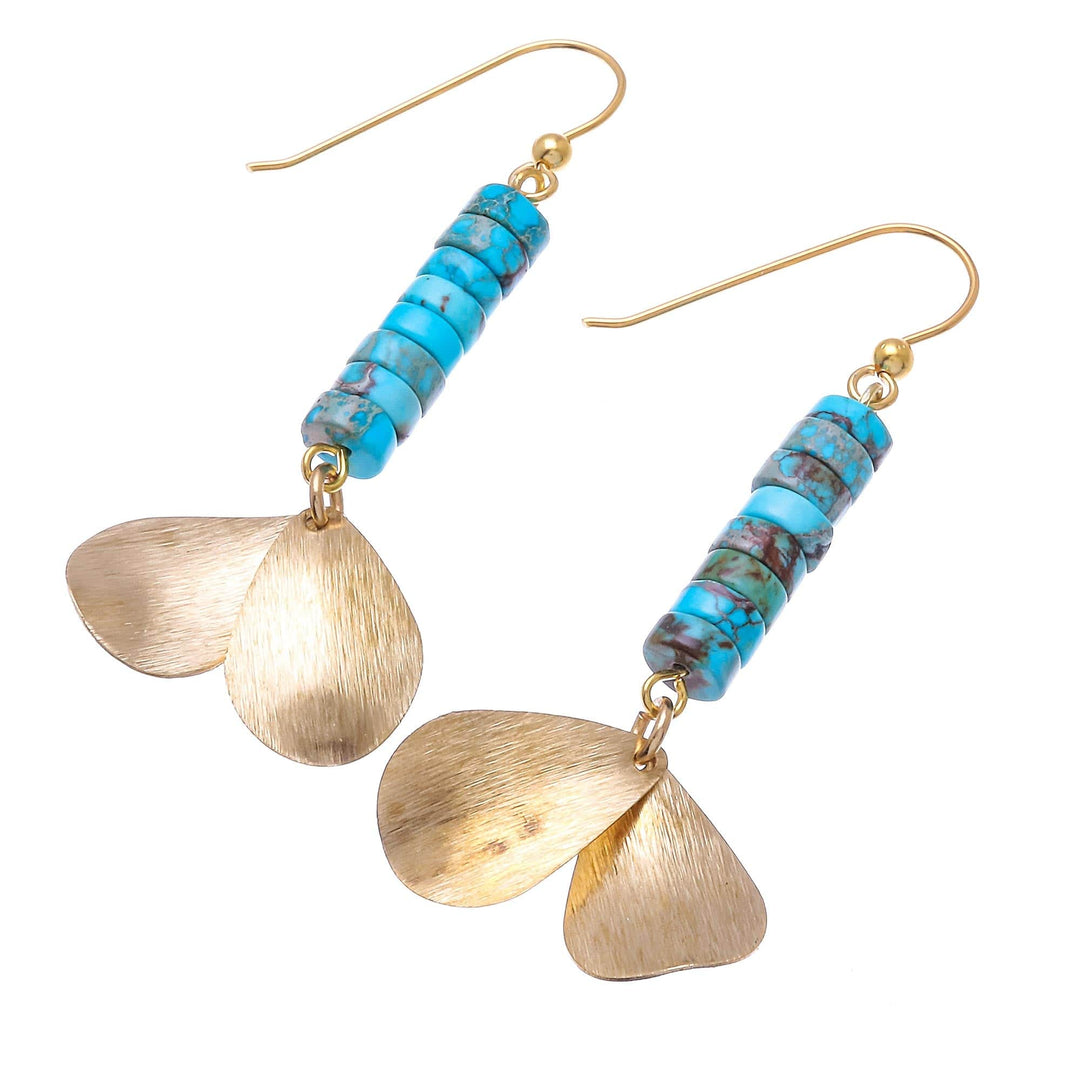 Brass and Reconstituted Turquoise Dangle Earrings - Sea Gold