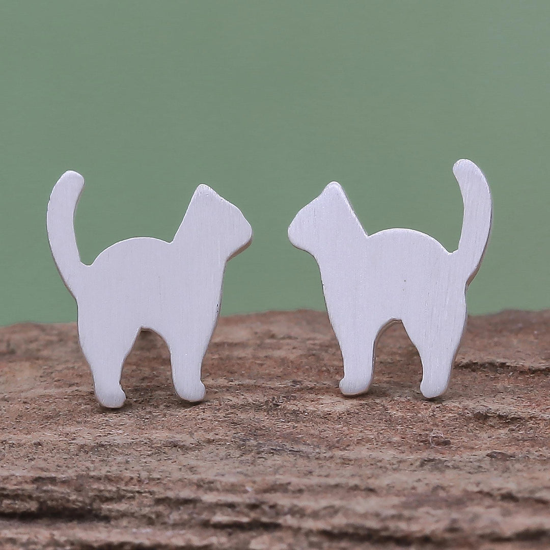 Brushed-Satin Sterling Silver Cat Stud Earrings - Standing Cat